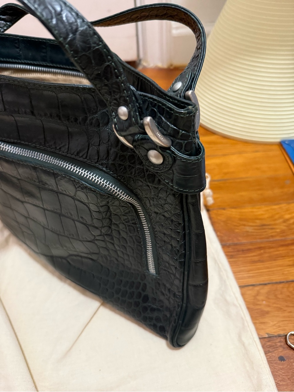 Marni dark green Croc-Embossed leather Shoulder Bag with Silver Hardware